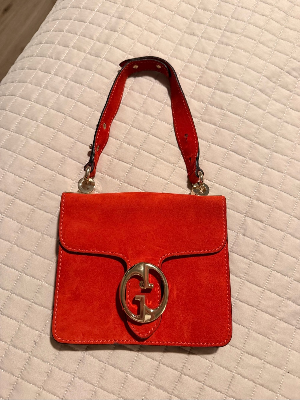 Red Suede Top-Handle Women's Bag with Gold Hardware